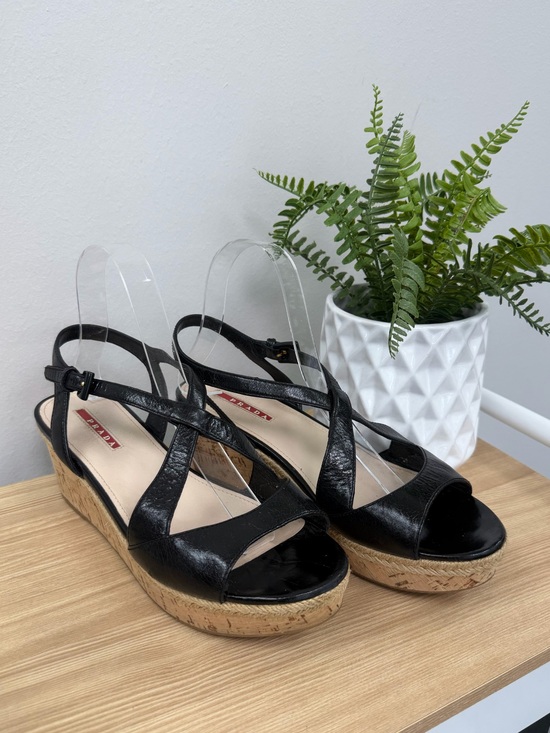 Prada Shoes - Vintage Prada Black Leather Wedge Sandals with Cork Platform 3XZ144 SZ 39.5